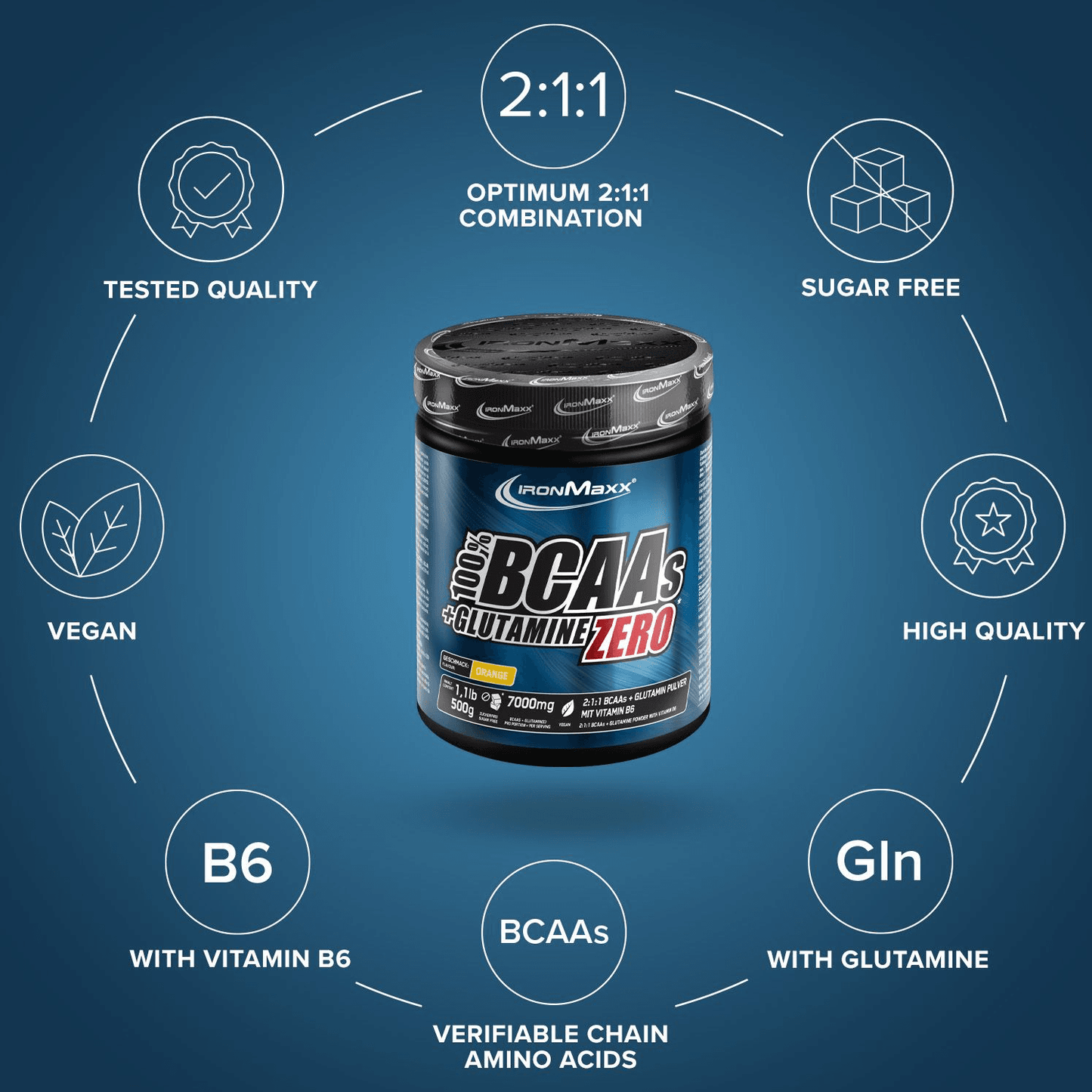 IRONMAXX 100% BCAAs + Glutamine Zero | 500g | Multiple Flavors, Sugar-Free Amino Powder - QIMIA NUTRITION