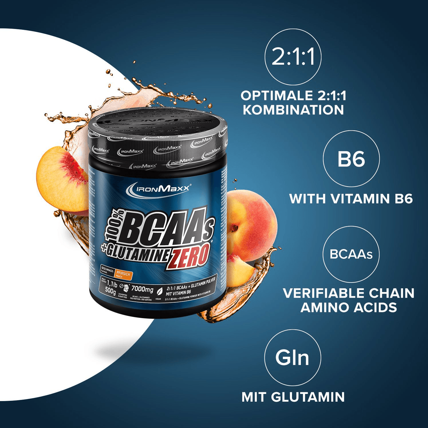 IRONMAXX 100% BCAAs + Glutamine Zero | 500g | Multiple Flavors, Sugar-Free Amino Powder - QIMIA NUTRITION