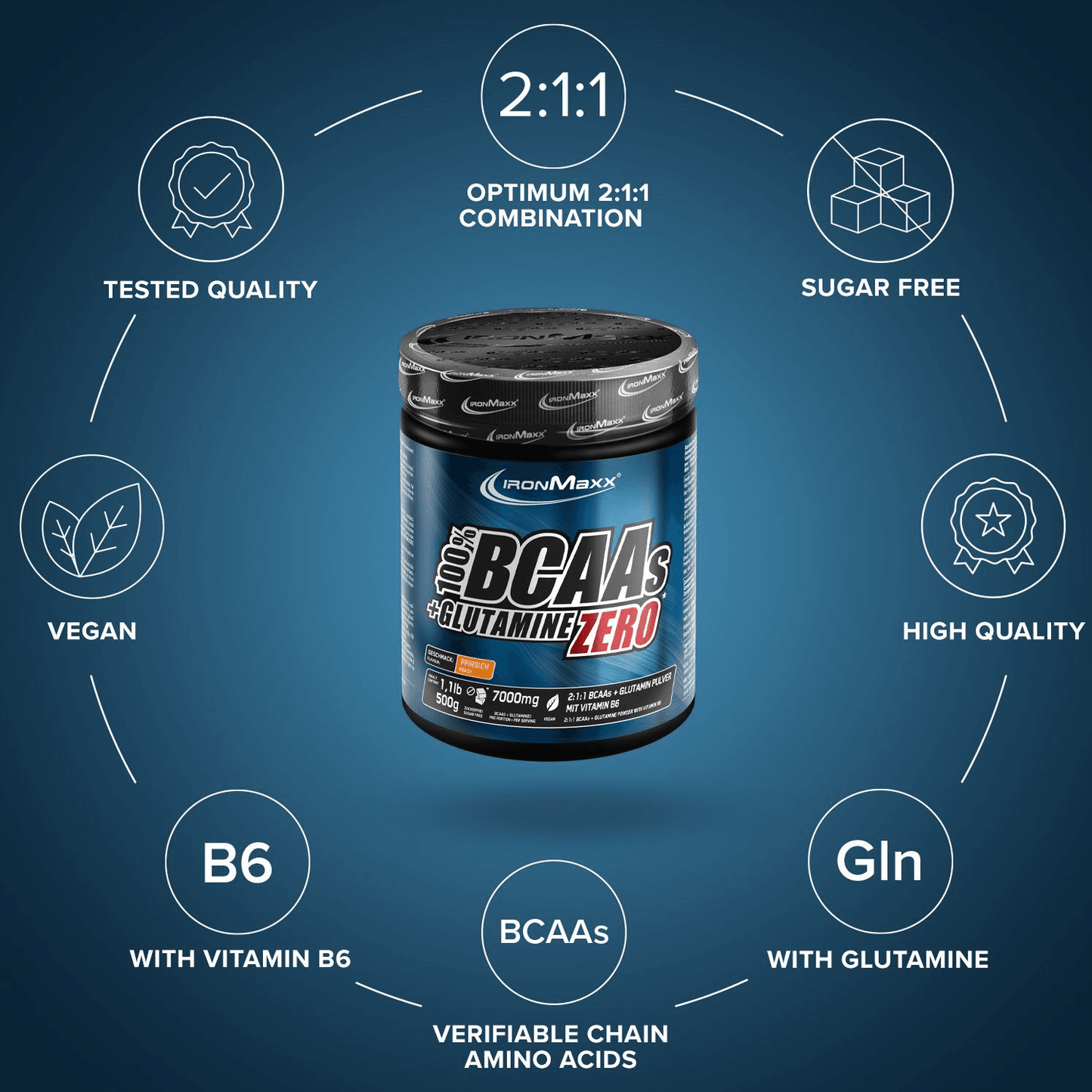 IRONMAXX 100% BCAAs + Glutamine Zero | 500g | Multiple Flavors, Sugar-Free Amino Powder - QIMIA NUTRITION