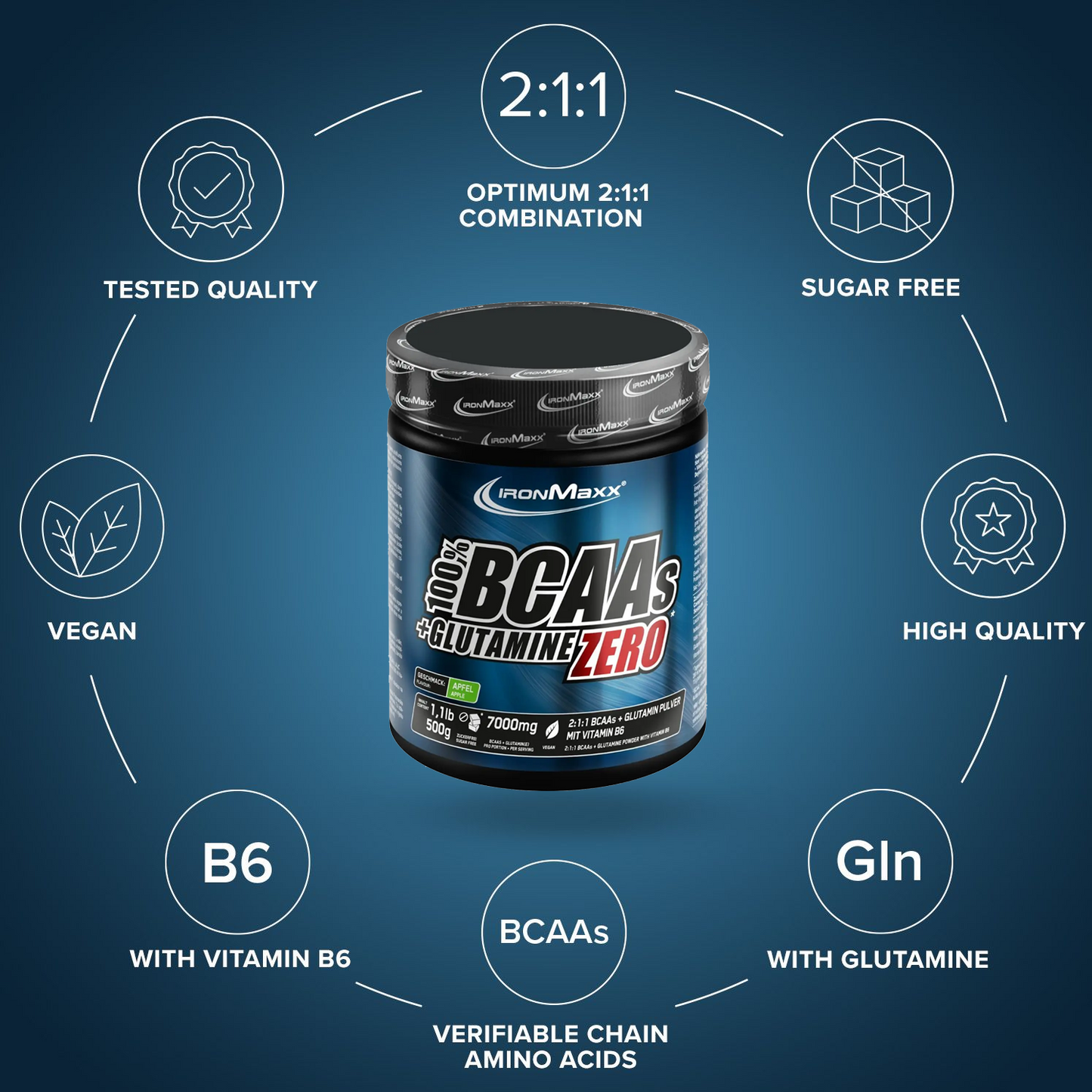 IRONMAXX 100% BCAAs + Glutamine Zero | 500g by IRONMAXX - Premium AMINO ACIDS available at Qimia Nutrition UAE