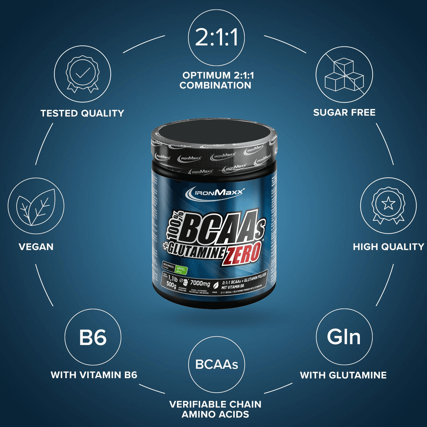IRONMAXX 100% BCAAs + Glutamine Zero | 500g | Multiple Flavors, Sugar-Free Amino Powder - QIMIA NUTRITION