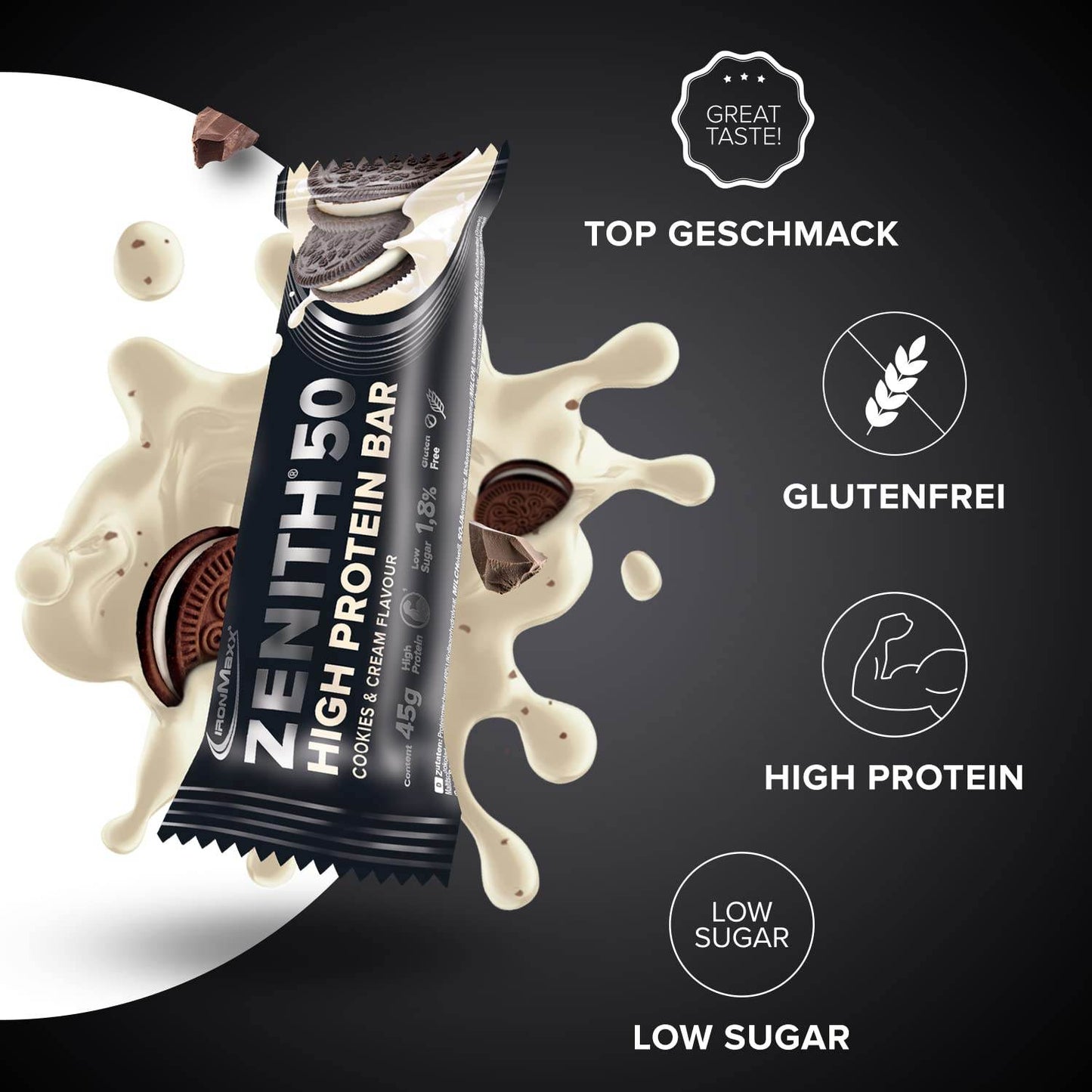IRONMAXX ZENITH 50 Protein Bar 45g | 50% Protein, Low Sugar - QIMIA NUTRITION