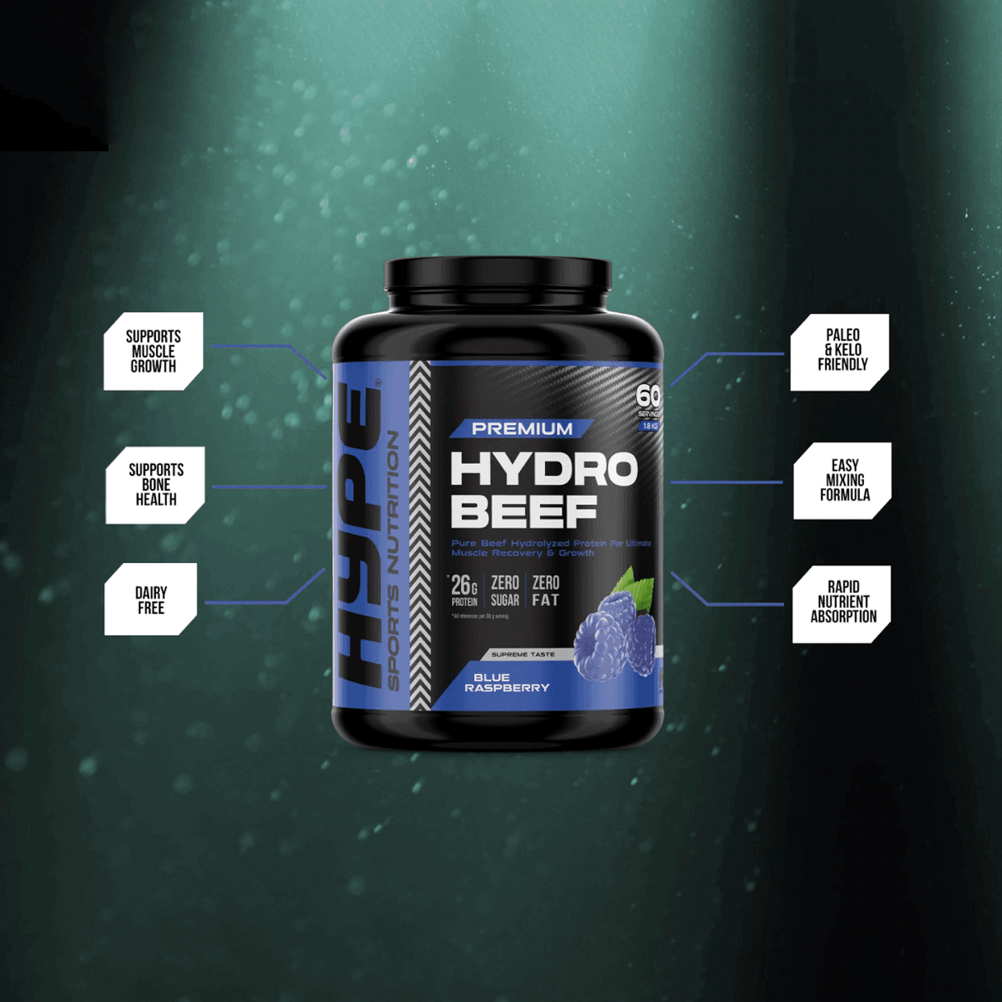 HYPE HYDRO BEEF Protein Powder | 1800 grams | Pure Hydrolyzed Beef Protein for Muscle & Joint Support - QIMIA NUTRITION