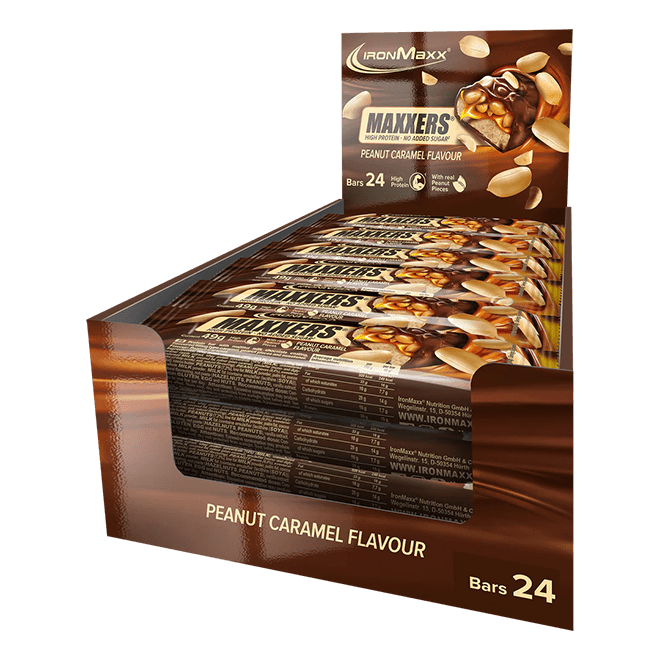 IRONMAXX Maxxers Peanut Caramel | 24 x 49g | No Added Sugar Protein Bar - QIMIA NUTRITION