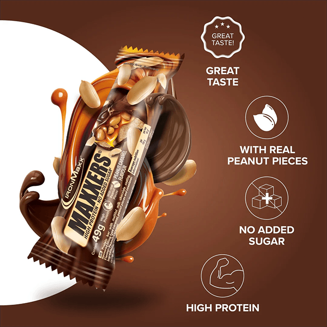 IRONMAXX Maxxers Peanut Caramel | 24 x 49g | No Added Sugar Protein Bar - QIMIA NUTRITION