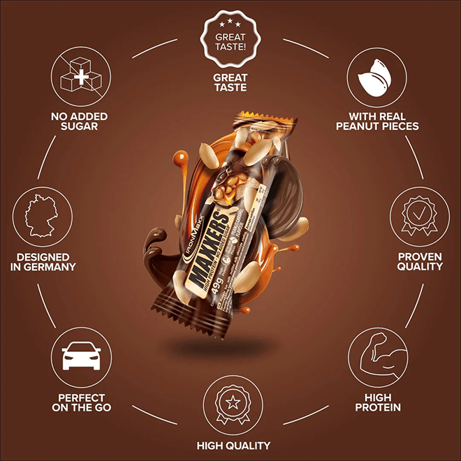 IRONMAXX Maxxers Peanut Caramel | 24 x 49g | No Added Sugar Protein Bar - QIMIA NUTRITION