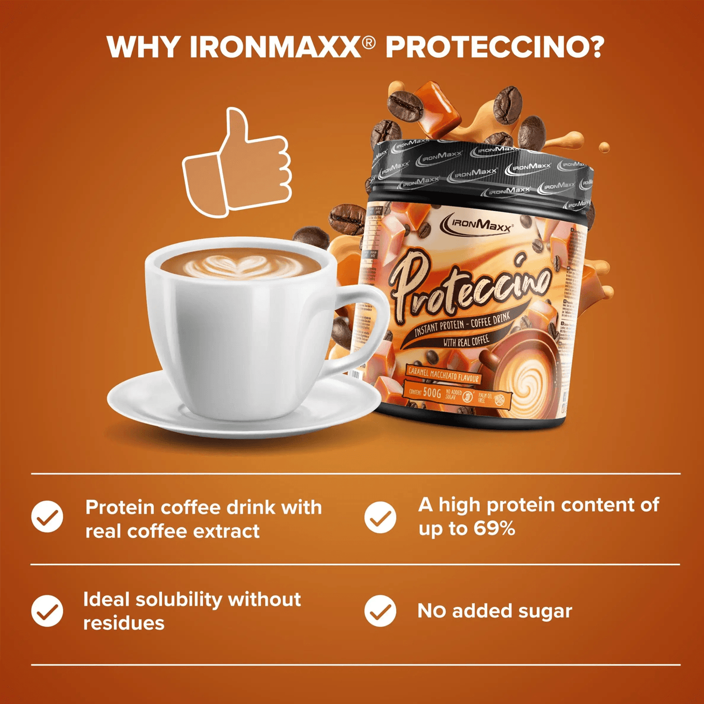 IRONMAXX Proteccino | Protein Coffee with Whey Protein & Real Coffee Extract | 500g | Multiple Flavors Available - QIMIA NUTRITION