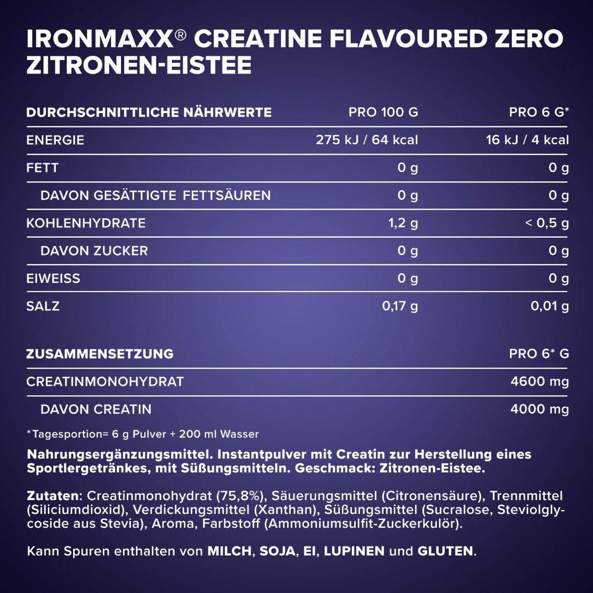 IRONMAXX CREATINE FLAVOURED ZERO | 250g - QIMIA NUTRITION