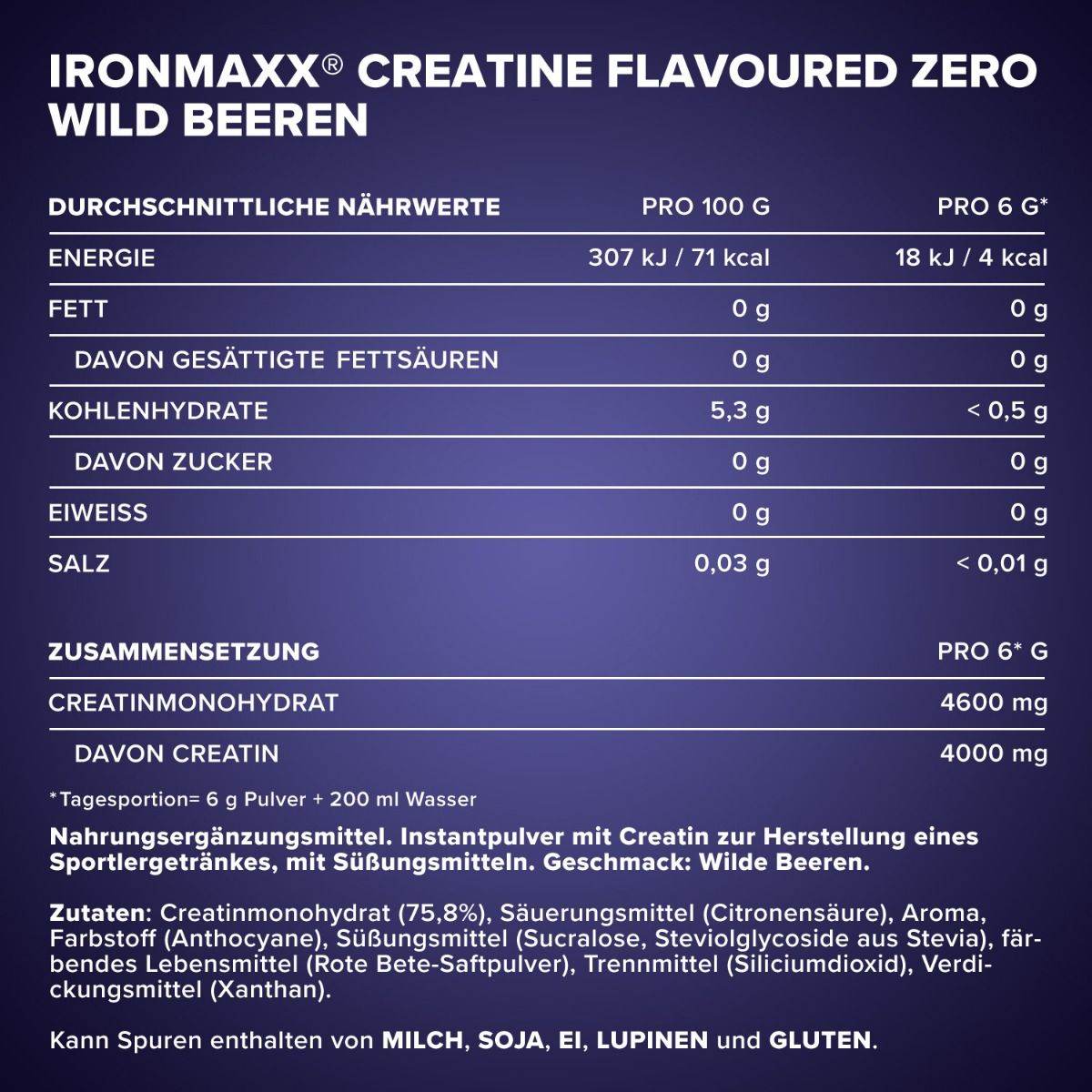 IRONMAXX CREATINE FLAVOURED ZERO | 250g - QIMIA NUTRITION