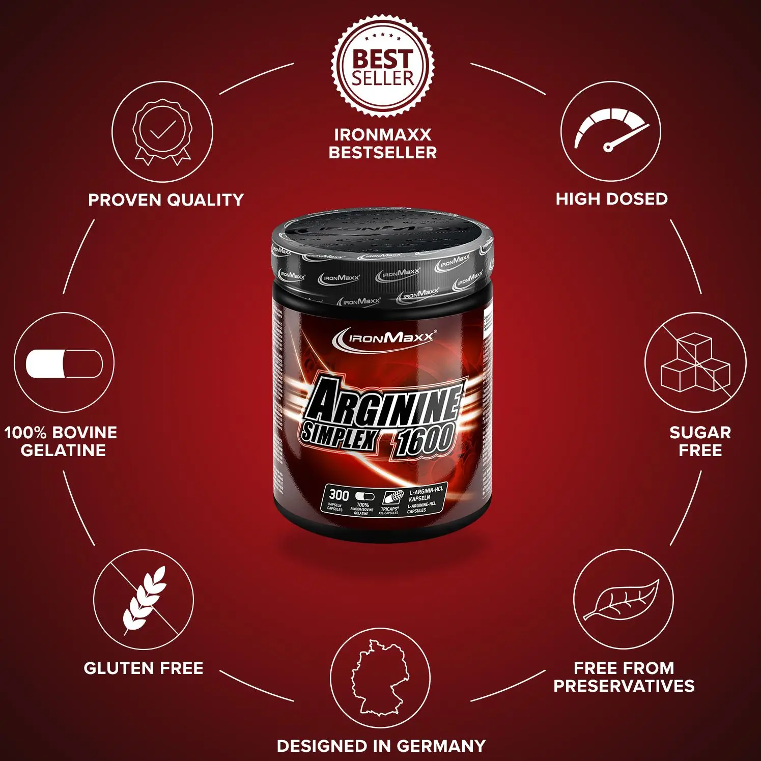 IRONMAXX Arginine Simplex 1600 | 300 TRICAPS by IRONMAXX - Premium ENERGY BOOSTERS available at Qimia Nutrition UAE