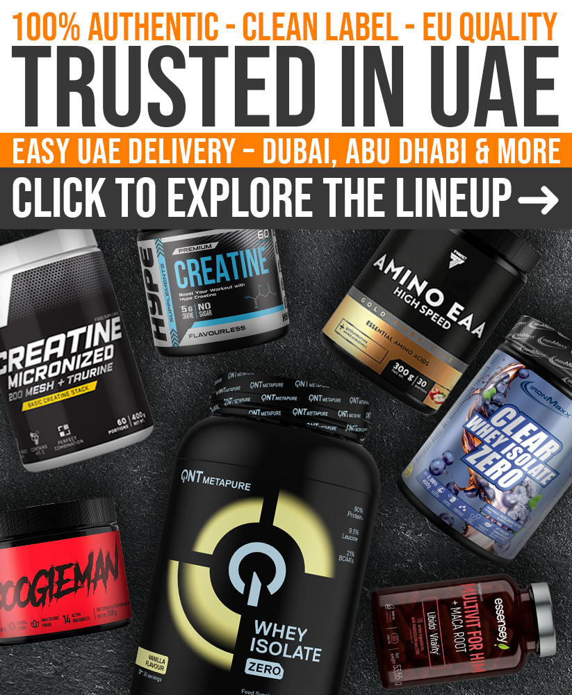 Wide selection of EU supplements including whey isolate, creatine, EAAs, pre-workout, and adaptogens from BioTechUSA, QNT, TREC, HYPE, and ESSENSEY. Available in UAE.