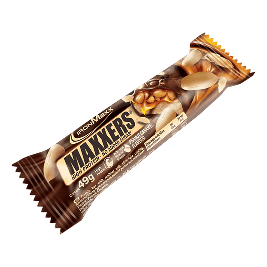 IRONMAXX Maxxers Peanut Caramel | 24 x 49g | No Added Sugar Protein Bar - QIMIA NUTRITION