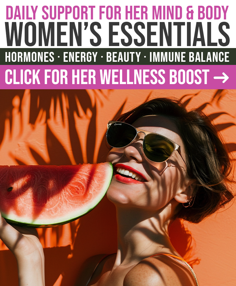 Smiling woman wearing sunglasses and holding a slice of watermelon in front of a bright orange wall, promoting Qimia Nutrition’s Women’s Essentials supplements for hormones, energy, beauty, and immune balance. Bold banner text reads 'Daily Support for Her Mind & Body' and 'Click for Her Wellness Boost' in pink and black.